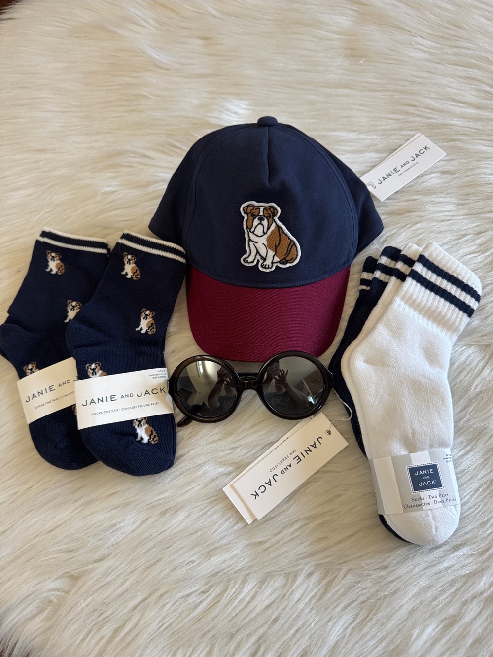 Janie and Jack Boys Blue Baseball Cap ,Socks Dog print & Sunglasses  Size 4-5